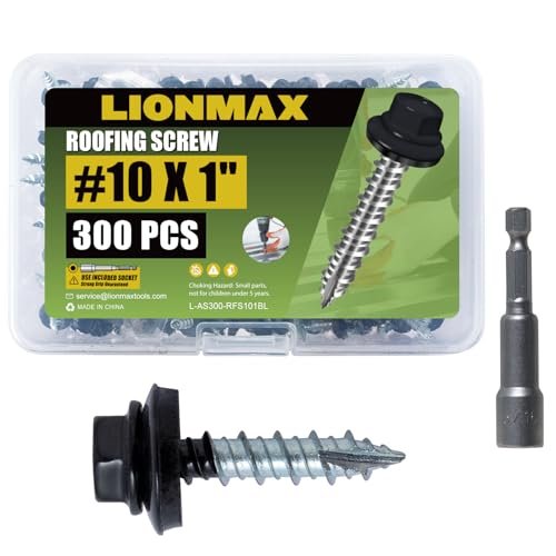 LIONMAX Metal Roofing Screws #10 x 1 Inch, 300-PCS, Black...