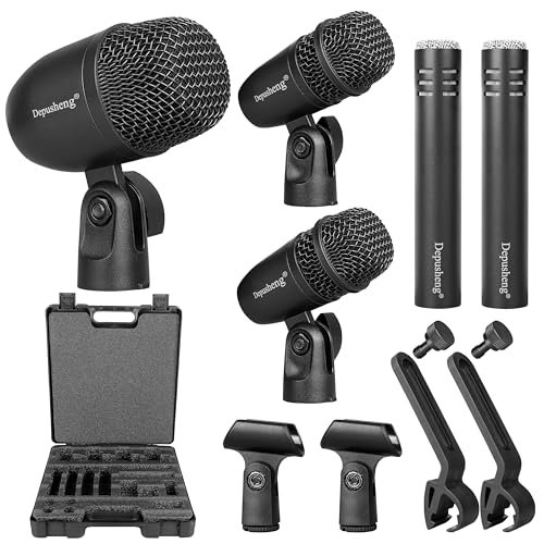 Depusheng 5-Piece Drum Microphone Set with 3 Dynamic...