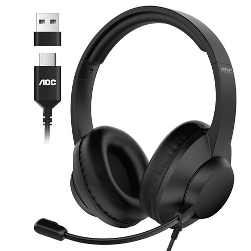 AOC USB Headset with Microphone for PC, Over-Ear Wired...
